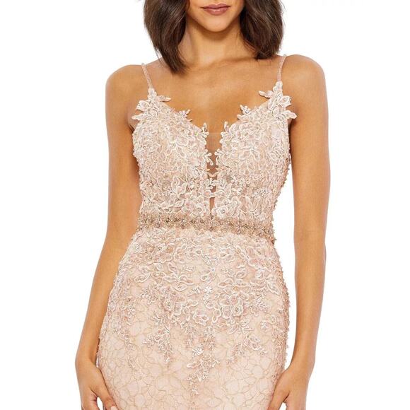 Mac Duggal 79341 Appliqué Sleeveless Plunge Neck Trumpet Gown NWT Blush - Picture 4 of 8